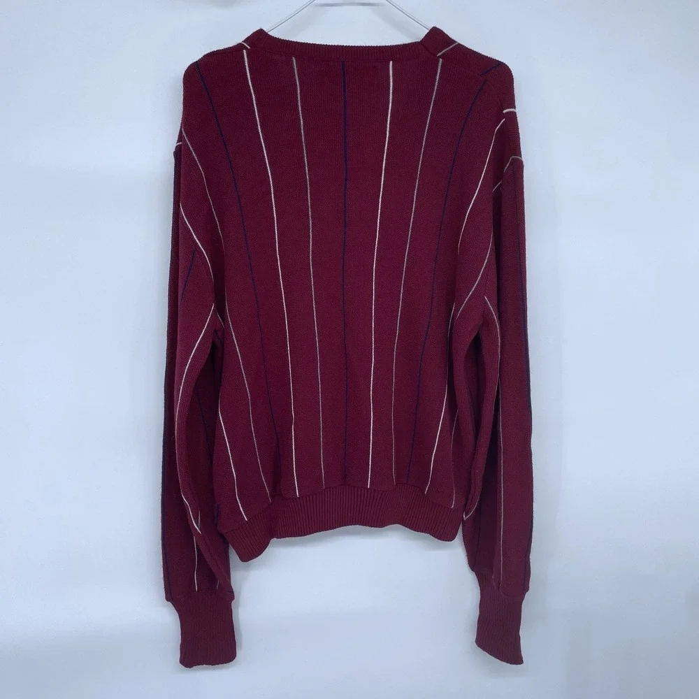 Vintage 90s Jantzen Mens Burgundy Striped V Neck Sweater Large Long Sleeve‎ Vtg